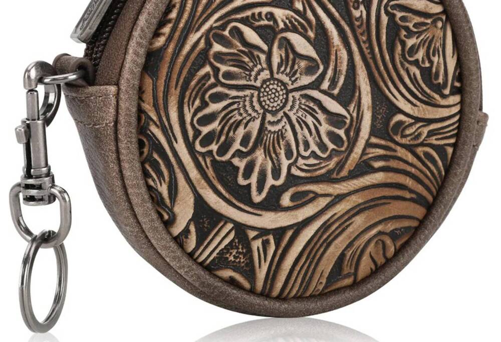 NEW WRANGLER women's floral tooled circular coin pouch bag charm in coffee